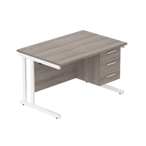 Office Rectangular Desk with Steel Double Upright Cantilever Legs + 3 Drawer Fixed Pedestal  1200X800 Alaskan Grey Oak/White