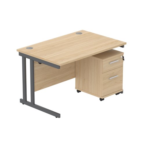 Double Upright Rectangular Desk + 2 Drawer Mobile Under Desk Pedestal (FSC) 1200X800 Canadian Oak/Graphite