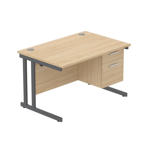 Office Rectangular Desk with Steel Double Upright Cantilever Legs + 2 Drawer Fixed Pedestal  1200X800 Canadian Oak/Graphite