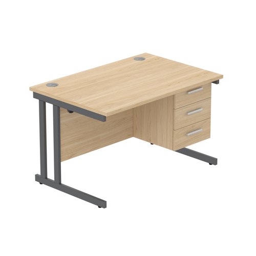 Office Rectangular Desk with Steel Double Upright Cantilever Legs + 3 Drawer Fixed Pedestal  1200X800 Canadian Oak/Graphite