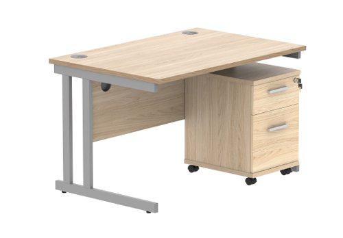 Double Upright Rectangular Desk + 2 Drawer Mobile Under Desk Pedestal 1200X800 Canadian Oak/Silver