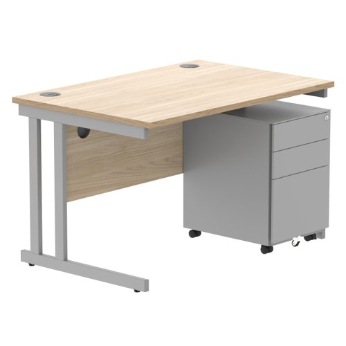 Double Upright Rectangular Desk + Under Desk Steel Pedestal 3 Drawers 1200X800 Canadian Oak/Silver