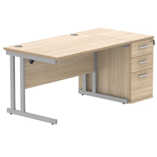 Double Upright Rectangular Desk + Desk High Pedestal 1200X800 Canadian Oak/Silver