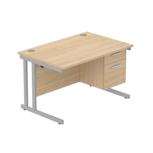 Office Rectangular Desk with Steel Double Upright Cantilever Legs + 2 Drawer Fixed Pedestal  1200X800 Canadian Oak/Silver