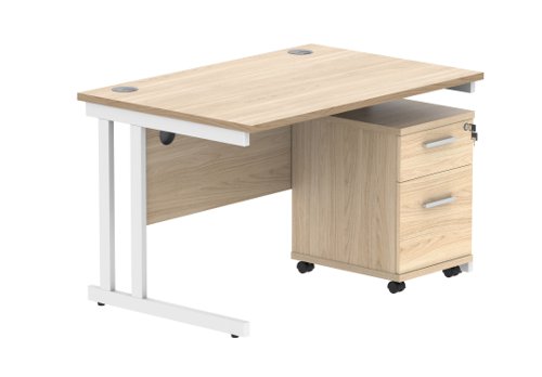Double Upright Rectangular Desk + 2 Drawer Mobile Under Desk Pedestal 1200X800 Canadian Oak/White