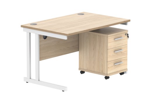 Double Upright Rectangular Desk + 3 Drawer Mobile Under Desk Pedestal 1200X800 Canadian Oak/White