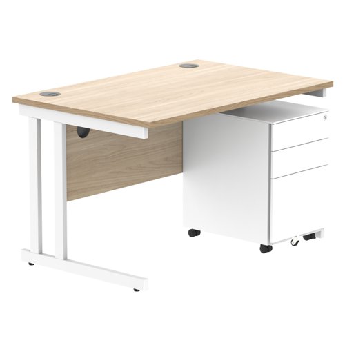 Double Upright Rectangular Desk + Under Desk Steel Pedestal 3 Drawers 1200X800 Canadian Oak/White