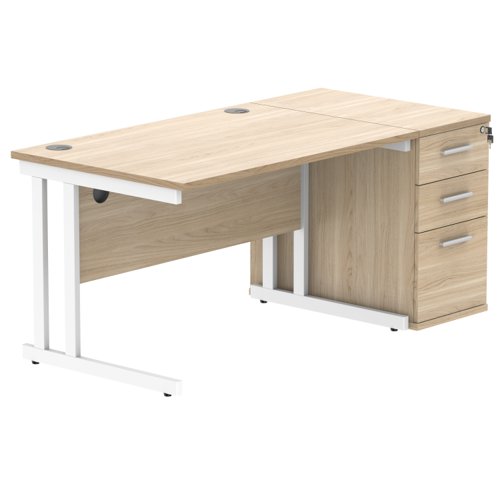 Double Upright Rectangular Desk + Desk High Pedestal 1200X800 Canadian Oak/White