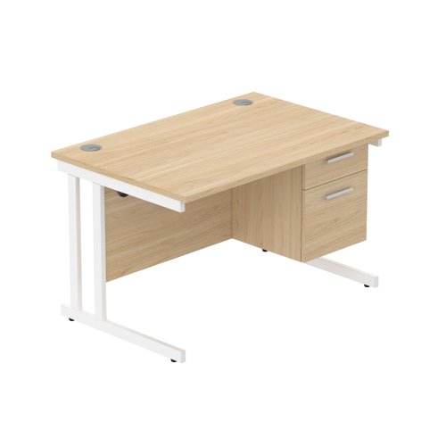 Office Rectangular Desk with Steel Double Upright Cantilever Legs + 2 Drawer Fixed Pedestal  1200X800 Canadian Oak/White