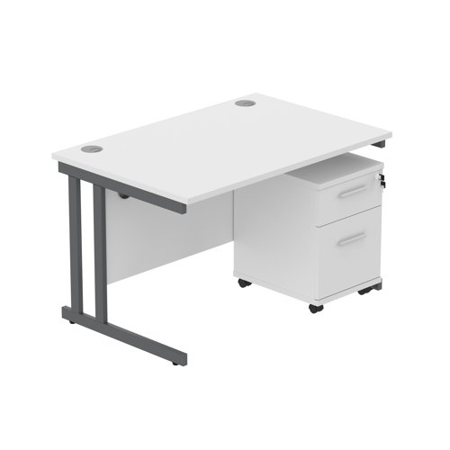 Double Upright Rectangular Desk + 2 Drawer Mobile Under Desk Pedestal  1200X800 Arctic White/Graphite