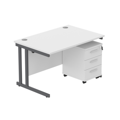 Double Upright Rectangular Desk + 3 Drawer Mobile Under Desk Pedestal  1200X800 Arctic White/Graphite
