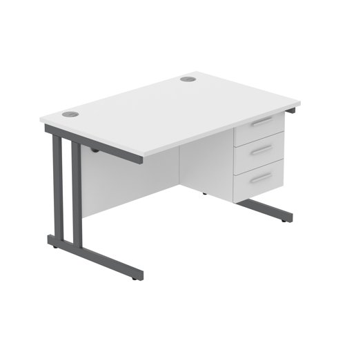 Office Rectangular Desk with Steel Double Upright Cantilever Legs + 3 Drawer Fixed Pedestal  1200X800 Arctic White/Graphite