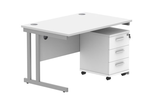 Double Upright Rectangular Desk + 2 Drawer Mobile Under Desk Pedestal 1200X800 Arctic White/Silver