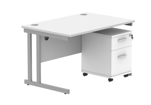 Double Upright Rectangular Desk + 3 Drawer Mobile Under Desk Pedestal 1200X800 Arctic White/Silver