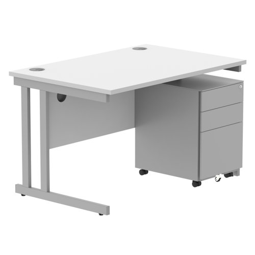 Double Upright Rectangular Desk + Under Desk Steel Pedestal 3 Drawers 1200X800 Arctic White/Silver