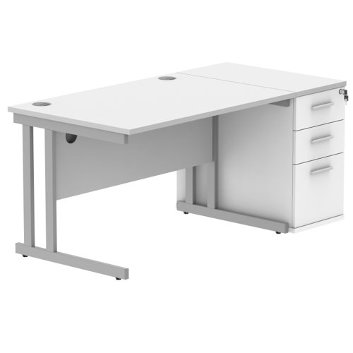 Double Upright Rectangular Desk + Desk High Pedestal 1200X800 Arctic White/Silver