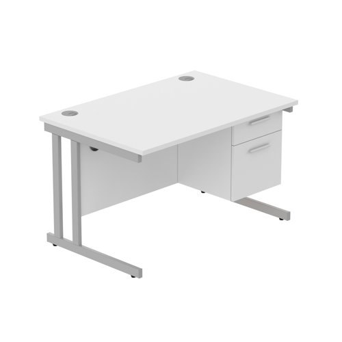 Office Rectangular Desk with Steel Double Upright Cantilever Legs + 2 Drawer Fixed Pedestal  1200X800 Arctic White/Silver