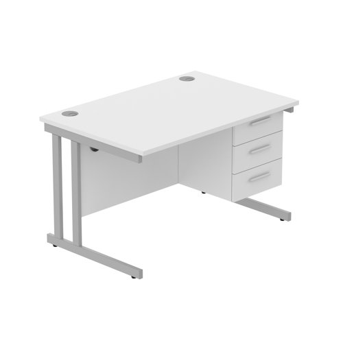 Office Rectangular Desk with Steel Double Upright Cantilever Legs + 3 Drawer Fixed Pedestal  1200X800 Arctic White/Silver
