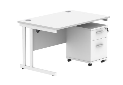 Double Upright Rectangular Desk + 2 Drawer Mobile Under Desk Pedestal 1200X800 Arctic White/White