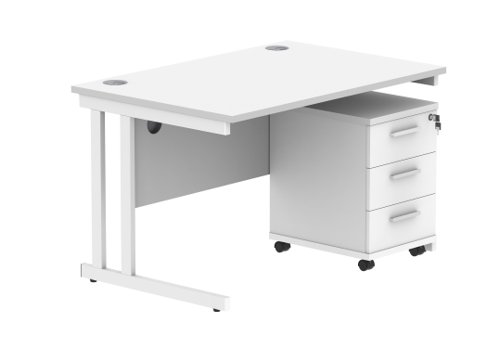 Double Upright Rectangular Desk + 3 Drawer Mobile Under Desk Pedestal 1200X800 Arctic White/White