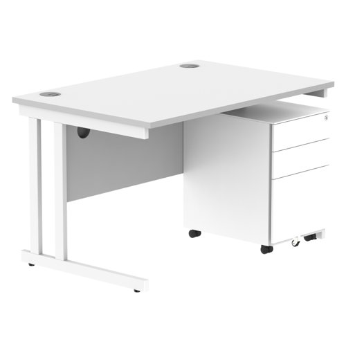 Double Upright Rectangular Desk + Under Desk Steel Pedestal 3 Drawers 1200X800 Arctic White/White