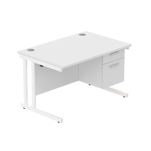 Office Rectangular Desk with Steel Double Upright Cantilever Legs + 2 Drawer Fixed Pedestal (FSC) 1200X800 Arctic White/White