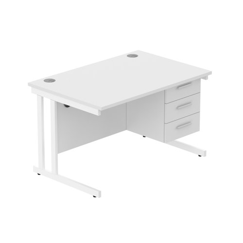 Office Rectangular Desk with Steel Double Upright Cantilever Legs + 3 Drawer Fixed Pedestal  1200X800 Arctic White/White