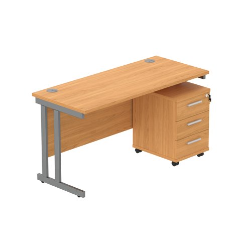 Double Upright Rectangular Desk + 3 Drawer Mobile Under Desk Pedestal (FSC) 1400X600 Norwegian Beech/Graphite