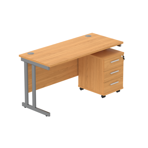 Double Upright Rectangular Desk + 3 Drawer Mobile Under Desk Pedestal  1400X600 Norwegian Beech/Graphite