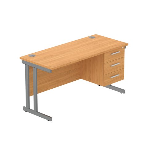 Office Rectangular Desk with Steel Double Upright Cantilever Legs + 3 Drawer Fixed Pedestal (FSC) 1400X600 Norwegian Beech/Graphite