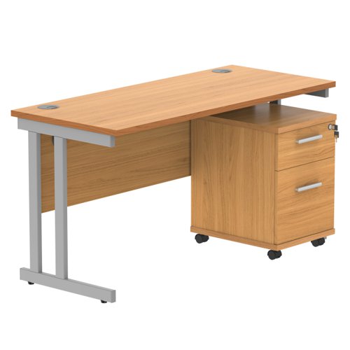 Double Upright Rectangular Desk + 2 Drawer Mobile Under Desk Pedestal 1400X600 Norwegian Beech/Silver