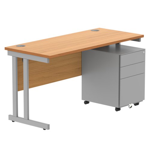 Double Upright Rectangular Desk + Under Desk Steel Pedestal 3 Drawers 1400X600 Norwegian Beech/Silver