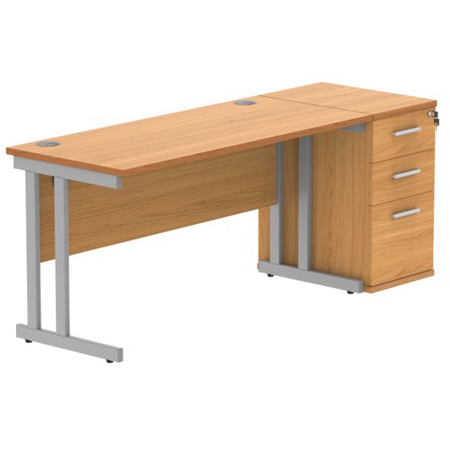 Double Upright Rectangular Desk + Desk High Pedestal 1400X600 Norwegian Beech/Silver