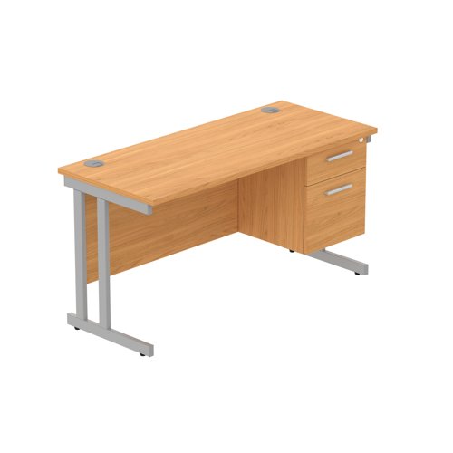 Office Rectangular Desk with Steel Double Upright Cantilever Legs + 2 Drawer Fixed Pedestal (FSC) 1400X600 Norwegian Beech/Silver