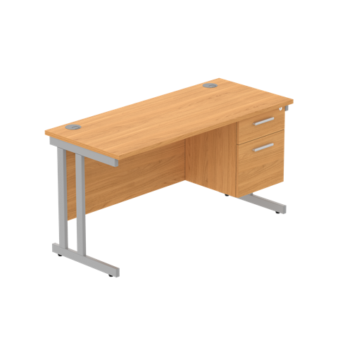 Office Rectangular Desk with Steel Double Upright Cantilever Legs + 2 Drawer Fixed Pedestal  1400X600 Norwegian Beech/Silver