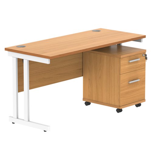 Double Upright Rectangular Desk + 2 Drawer Mobile Under Desk Pedestal 1400X600 Norwegian Beech/White
