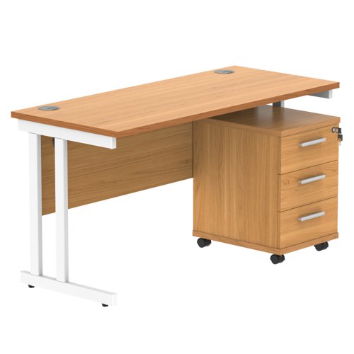 Double Upright Rectangular Desk + 3 Drawer Mobile Under Desk Pedestal 1400X600 Norwegian Beech/White