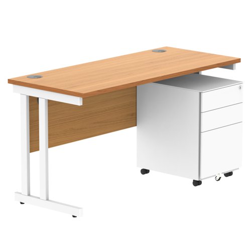 Double Upright Rectangular Desk + Under Desk Steel Pedestal 3 Drawers 1400X600 Norwegian Beech/White