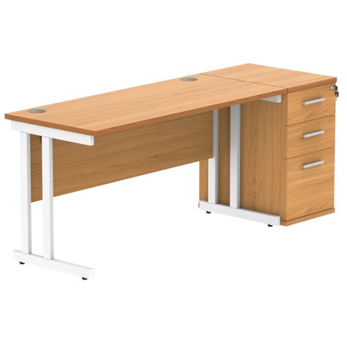 Double Upright Rectangular Desk + Desk High Pedestal 1400X600 Norwegian Beech/White