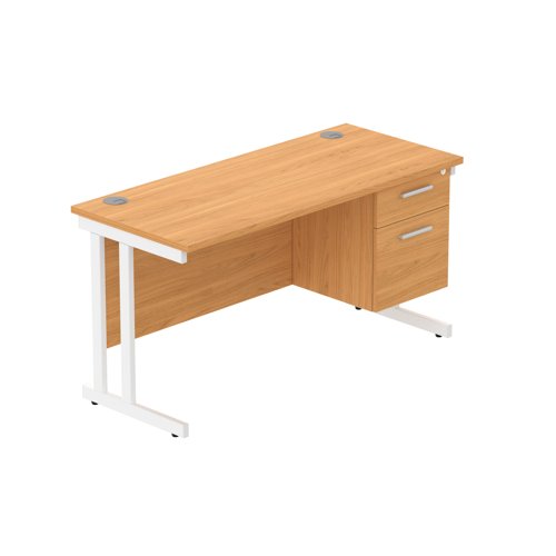 Office Rectangular Desk with Steel Double Upright Cantilever Legs + 2 Drawer Fixed Pedestal (FSC) 1400X600 Norwegian Beech/White