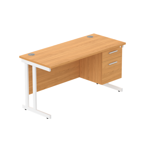 Office Rectangular Desk with Steel Double Upright Cantilever Legs + 2 Drawer Fixed Pedestal  1400X600 Norwegian Beech/White