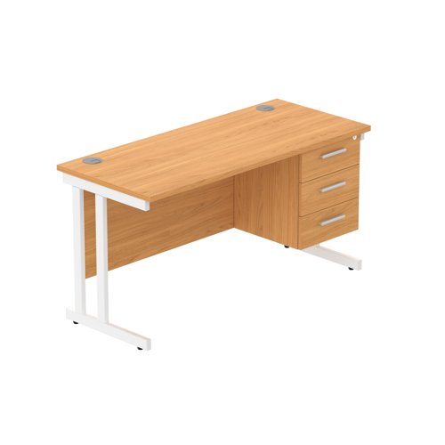 Office Rectangular Desk with Steel Double Upright Cantilever Legs + 3 Drawer Fixed Pedestal (FSC) 1400X600 Norwegian Beech/White
