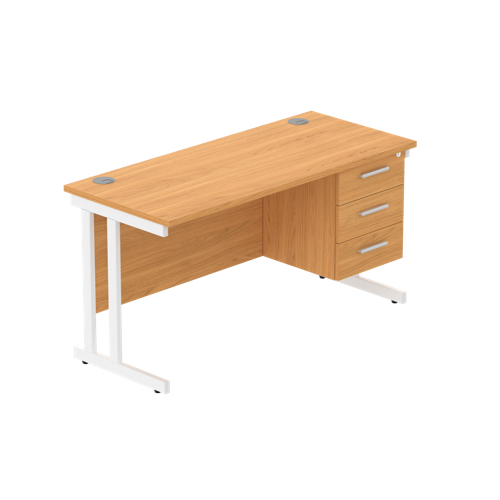 Office Rectangular Desk with Steel Double Upright Cantilever Legs + 3 Drawer Fixed Pedestal  1400X600 Norwegian Beech/White