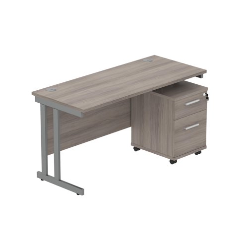 Double Upright Rectangular Desk + 2 Drawer Mobile Under Desk Pedestal (FSC) 1400X600 Alaskan Grey Oak/Graphite