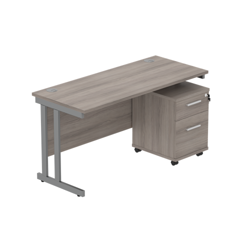 Double Upright Rectangular Desk + 2 Drawer Mobile Under Desk Pedestal  1400X600 Alaskan Grey Oak/Graphite
