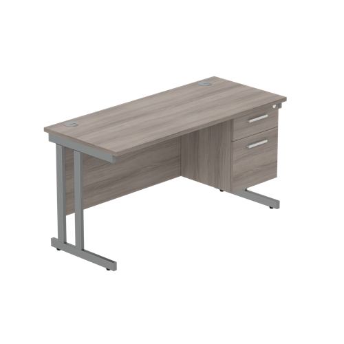 Office Rectangular Desk with Steel Double Upright Cantilever Legs + 2 Drawer Fixed Pedestal  1400X600 Alaskan Grey Oak/Graphite