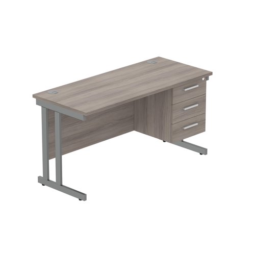 Office Rectangular Desk with Steel Double Upright Cantilever Legs + 3 Drawer Fixed Pedestal (FSC) 1400X600 Alaskan Grey Oak/Graphite