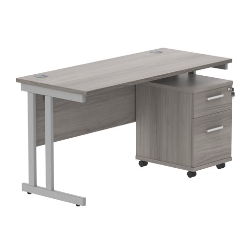 Double Upright Rectangular Desk + 2 Drawer Mobile Under Desk Pedestal 1400X600 Alaskan Grey Oak/Silver
