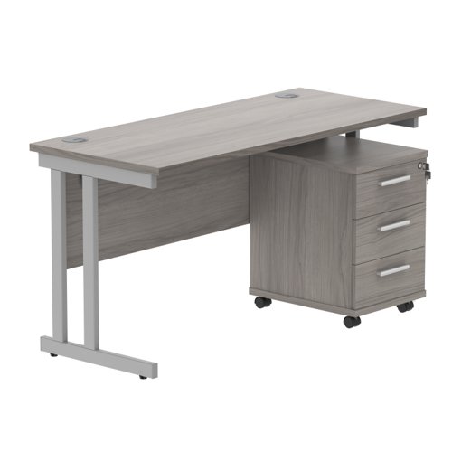 Double Upright Rectangular Desk + 3 Drawer Mobile Under Desk Pedestal 1400X600 Alaskan Grey Oak/Silver