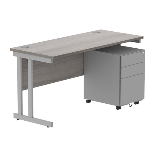 Double Upright Rectangular Desk + Under Desk Steel Pedestal 3 Drawers 1400X600 Alaskan Grey Oak/Silver